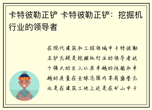 卡特彼勒正铲 卡特彼勒正铲：挖掘机行业的领导者