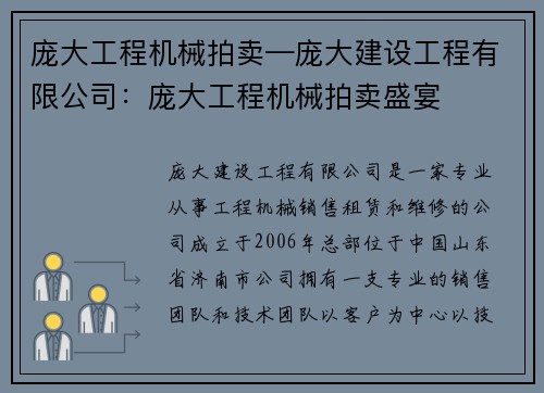 庞大工程机械拍卖—庞大建设工程有限公司：庞大工程机械拍卖盛宴